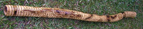 A beautiful hand made didjeridoo with intricate burnt designs.